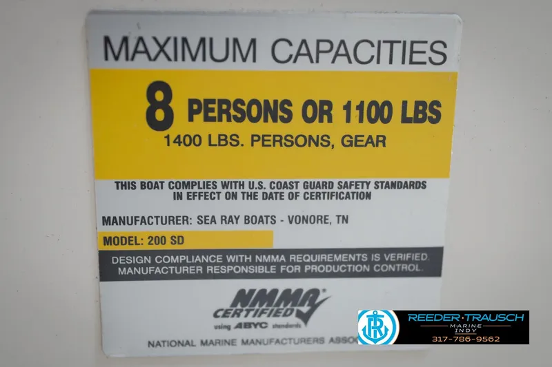 Slide: The Image of Sea Ray 200 Sundeck 2005 capacity label: 8 persons or 1100 lbs, NMMA certified. - 59
