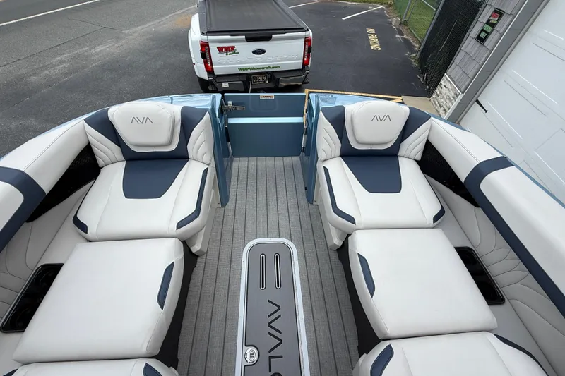 Slide: The Image of Luxurious 2026 Avalon 2585 Excalibur boat interior with plush seating and modern design. - 18