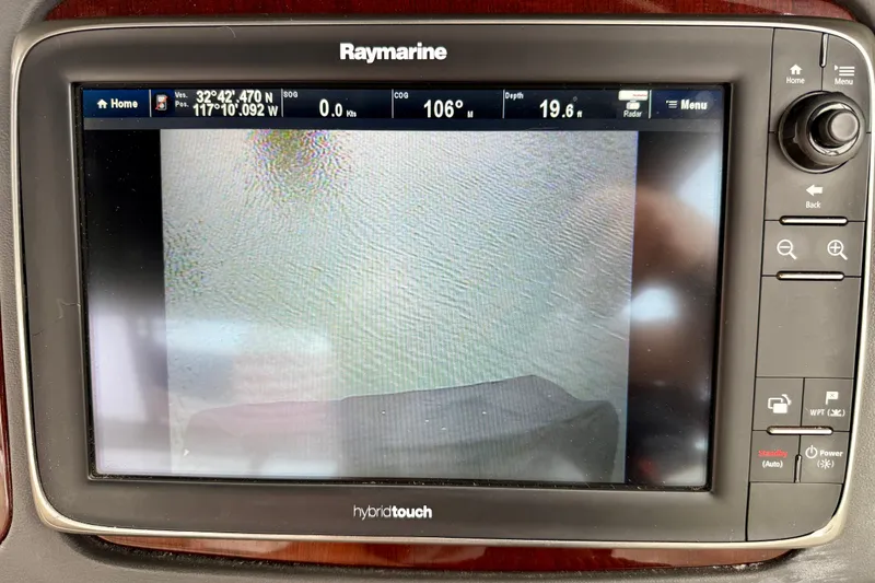 Slide: The Image of Raymarine hybrid touch display on 2014 Meridian 391 Sedan boat, showing navigation data. - 17