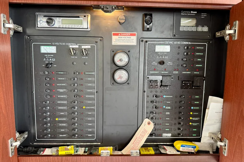 Slide: The Image of Electrical control panel inside a 2014 Meridian 391 Sedan boat, featuring various switches and gauges. - 19