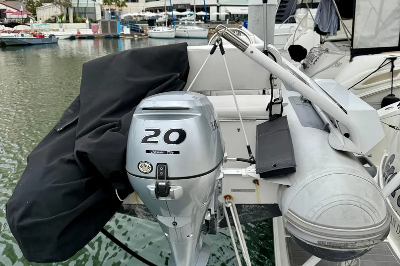 Slide: The Image of Outboard motor on a 2014 Meridian 391 Sedan yacht, docked in a marina. - 7