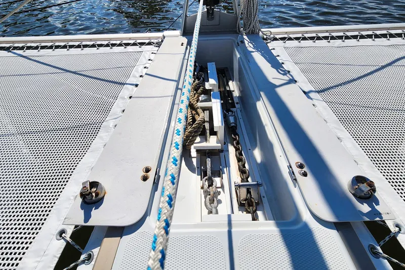 Slide: The Image of 2007 Antares Catamarans PDQ 44i deck with anchor chain and ropes. - 13