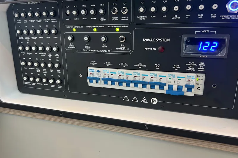 Slide: The Image of Control panel of a 2023 Saxdor 320 GTO boat with electrical system display. - 37
