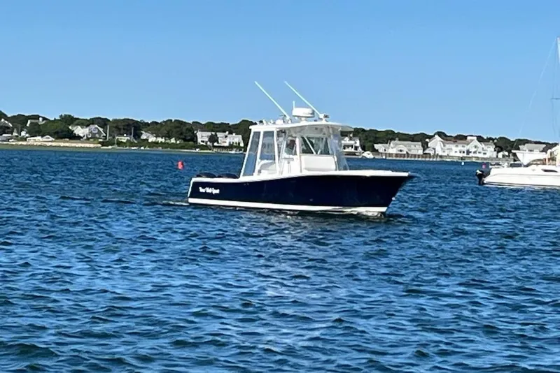 Slide: The Image of 2007 Regulator 32 Forward Seating boat on calm water near coastal homes. - 3