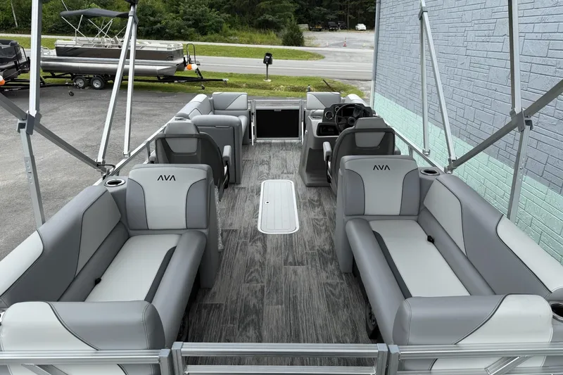 Slide: The Image of 2025 Avalon Venture Quad Lounger 2180 interior with gray seating and modern design. - 6