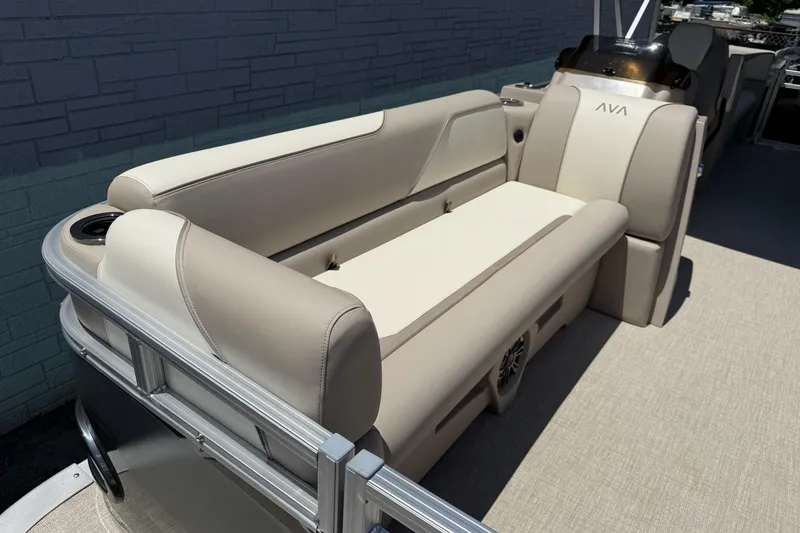 Slide: The Image of 2025 Avalon 2380 Venture Quad Lounger with beige seating and sleek design. - 9