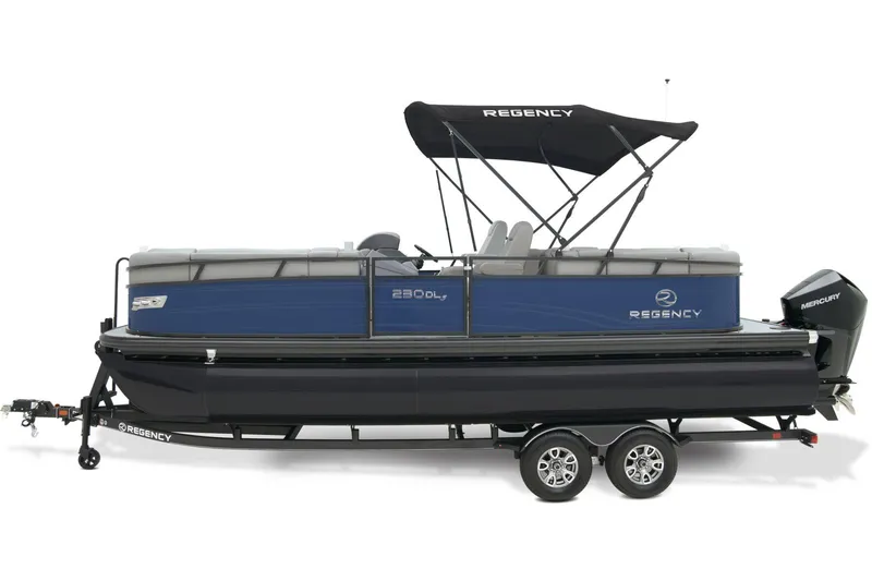 Slide: The Image of 2025 Regency 230 DL3 pontoon boat interior with beige seating and carpeted floor. - 5