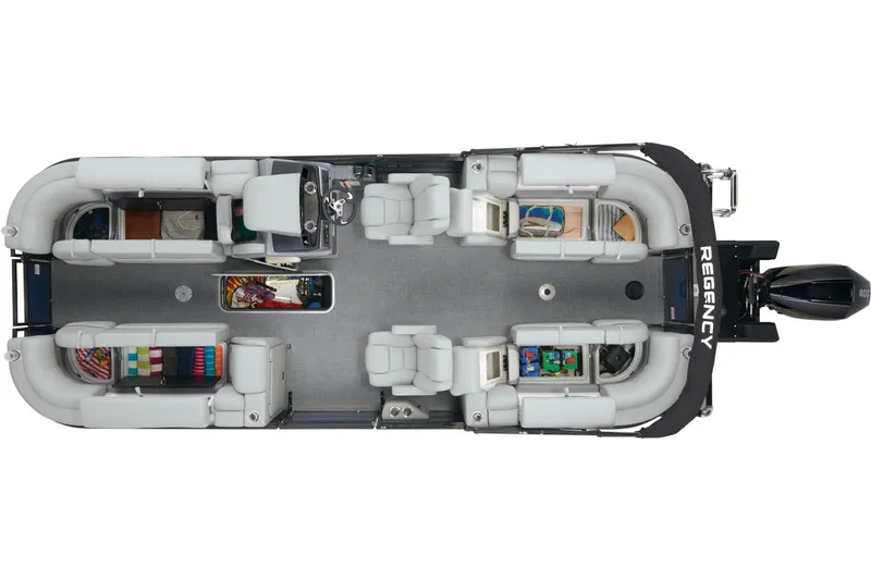 Slide: The Image of 2025 Regency 230 DL3 pontoon boat with spacious seating and modern design. - 7