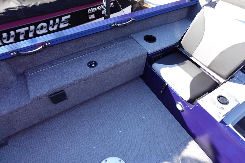 Slide: The Image of Interior of 2025 G3 AV19SF boat with gray seating and storage compartments. - 22