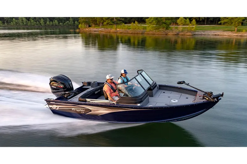 Slide: The Image of 2025 G3 AV19SF boat cruising on a serene lake with two passengers. - 8