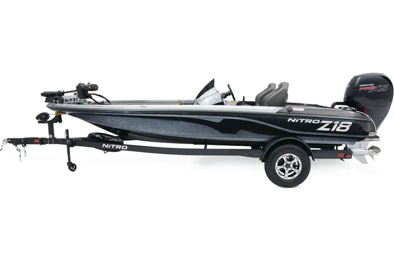 Slide: The Image of Manufacturer Provided Image: 2026 Nitro Z18 Pro fishing boat on trailer, side view. - 2