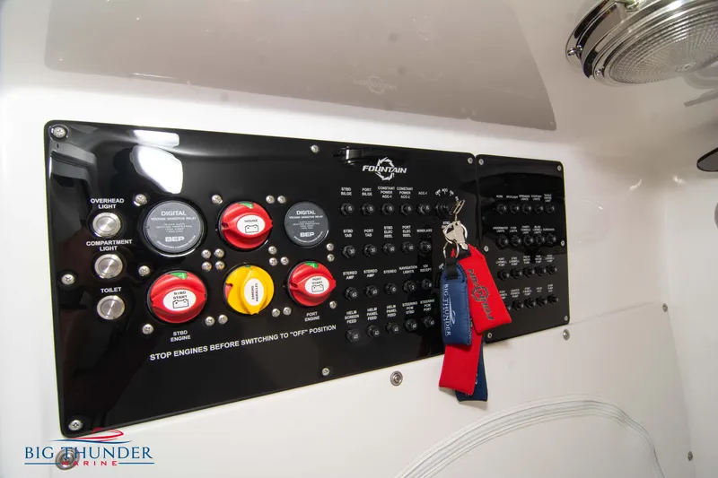 Slide: The Image of Control panel of 2023 Fountain 34 CC boat with labeled switches and keys. - 56