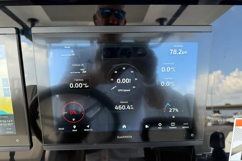 Slide: The Image of Garmin display on 2024 Jeanneau Leader 10.5 CC showing fuel and navigation data. - 35