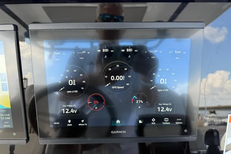 Slide: The Image of Garmin display on 2024 Jeanneau Leader 10.5 CC showing engine metrics and GPS speed. - 37