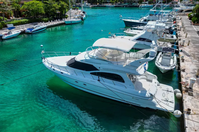 Slide: The Image of 2001 Cruisers Yachts 5000 Sedan Sport docked in a vibrant marina. - 65