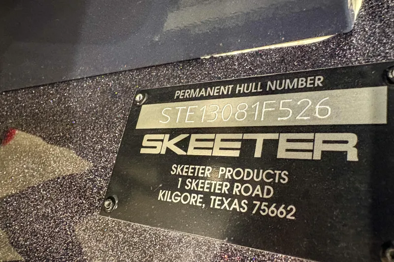 Slide: The Image of Plaque displaying Skeeter ZXR 19 hull number and address, Kilgore, Texas, 2026 model. - 4