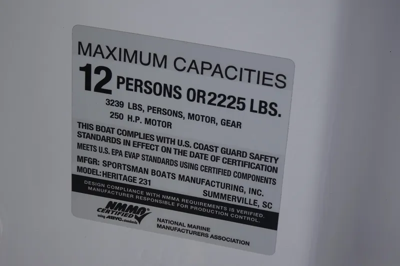 Slide: The Image of 2023 Sportsman Heritage 231 Center Console capacity label, 12 persons or 2225 lbs, 250 HP motor. - 20