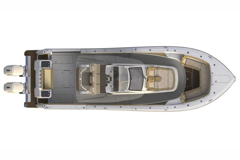 Slide: The Image of Manufacturer Provided Image: 2023 Scout 400 LXF boat, top view, dual outboard engines. - 15