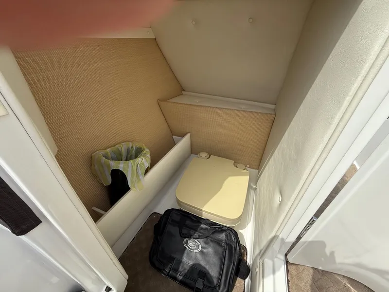 Slide: The Image of Interior of a 2014 Cobalt 24SD boat with a compact bathroom space. - 31