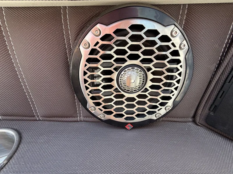 Slide: The Image of Speaker grille on 2014 Cobalt 24SD boat interior, featuring hexagonal design. - 34