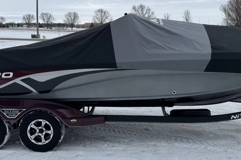 Slide: The Image of Covered 2021 Nitro ZV21 boat on trailer in snowy landscape. - 36