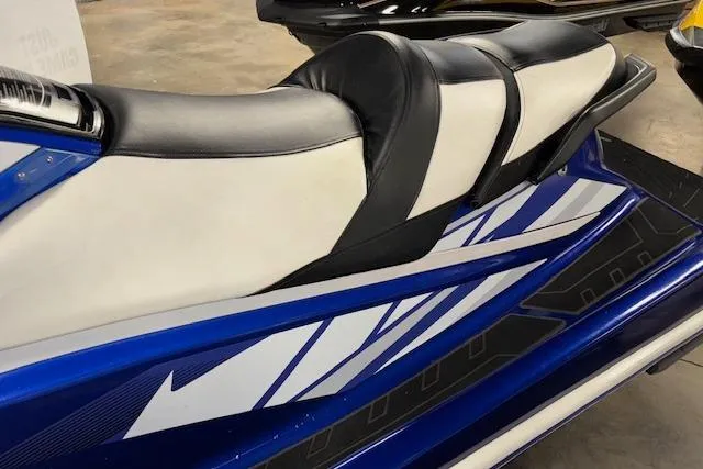 Slide: The Image of 2018 Yamaha WaveRunner GP1800, blue and white design, close-up of seat and body. - 5