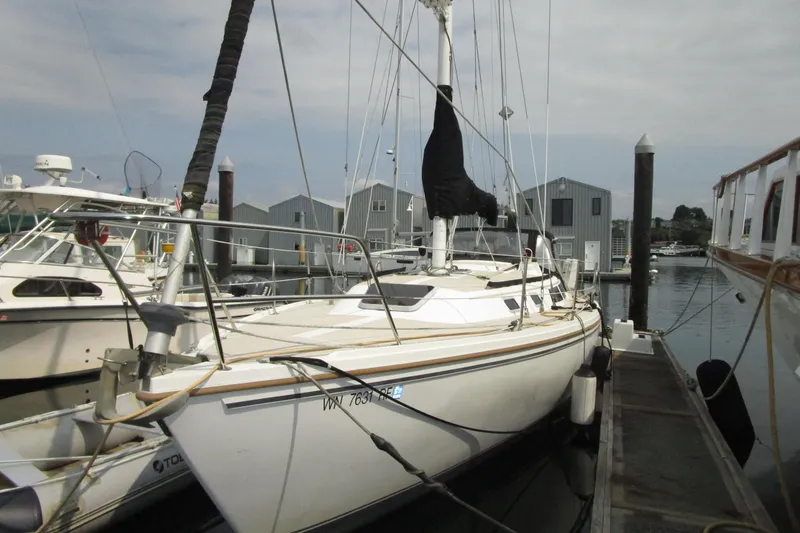 The Image of 1989 Catalina 36 sailboat docked at marina, surrounded by other boats. - 0