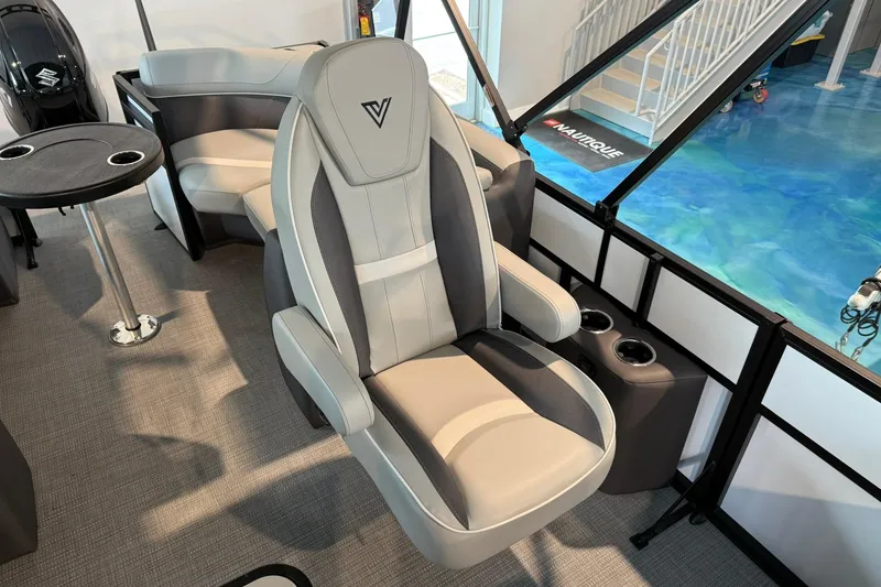 Slide: The Image of Luxurious seating in 2026 Viaggio Lago X-U boat interior with modern design and cup holders. - 9
