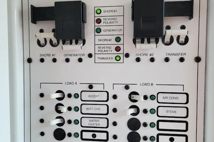 Slide: The Image of Electrical panel of a 2000 Stamas 310 Express boat with switches and indicators. - 9