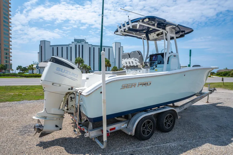 Slide: The Image of 2021 Sea Pro 239 Center Console boat on trailer with Suzuki outboard motor. - 4