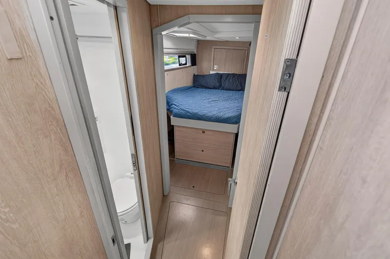 Slide: The Image of Interior cabin of 2018 Leopard 51 Powercat with bed and bathroom. - 27