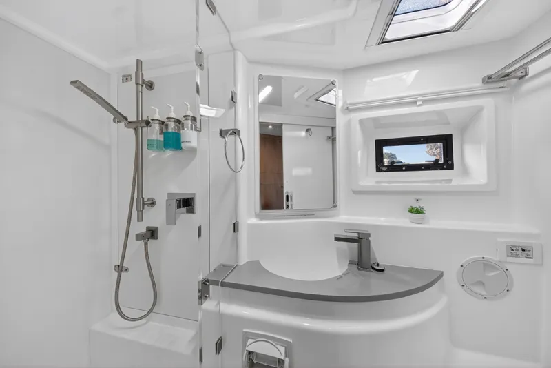 Slide: The Image of Luxurious bathroom in 2018 Leopard 51 Powercat yacht with modern fixtures and sleek design. - 29