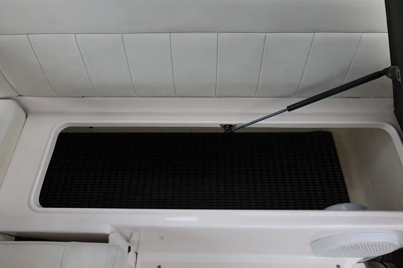 Slide: The Image of 2014 Regal 30 Express boat storage compartment with hydraulic lift and black mat. - 21