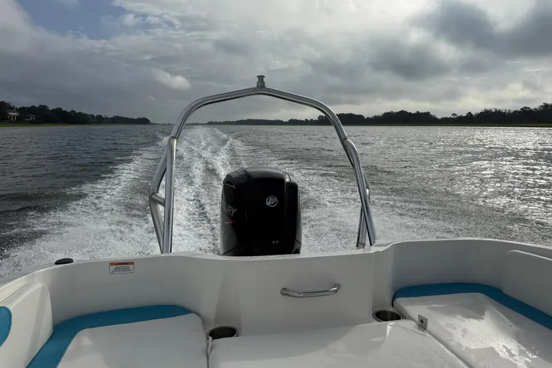 Slide: The Image of 2022 Bayliner Element E18 boat cruising on a scenic waterway under cloudy skies. - 27