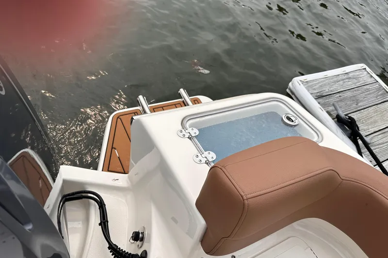 Slide: The Image of 2024 Pioneer 222 Islander boat stern with tan seating and swim platform by the dock. - 4