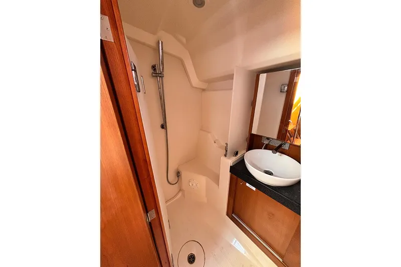 Slide: The Image of Bathroom interior of 2014 Hanse 445 yacht with shower and sink. - 17