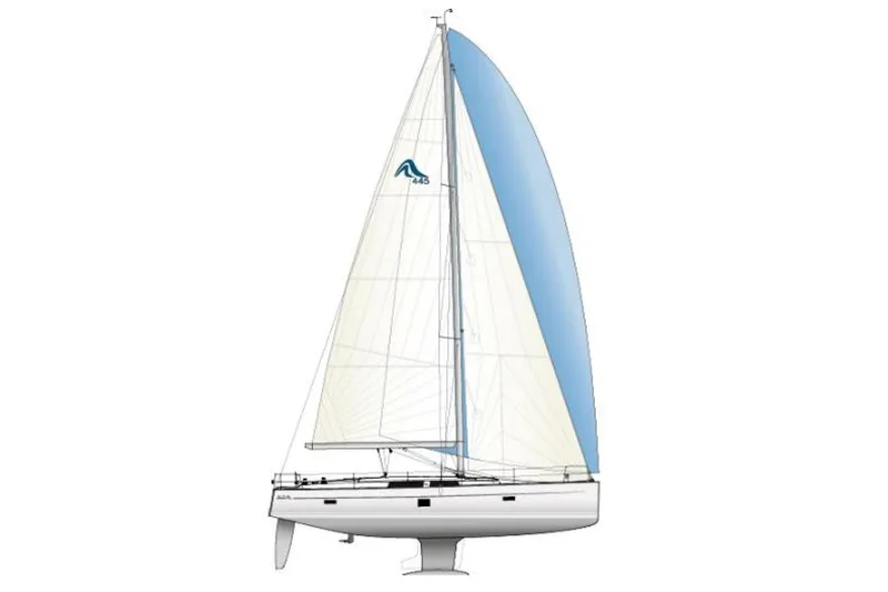 Slide: The Image of Illustration of a 2014 Hanse 445 sailboat with white and blue sails. - 25