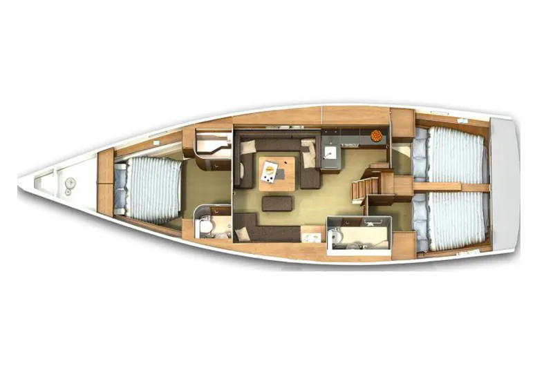 Slide: The Image of Floor plan of a 2014 Hanse 445 yacht, featuring cabins and living areas. - 26