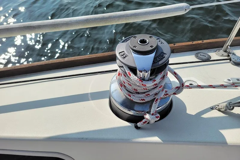 Slide: The Image of Winch on 1987 Pearson 39-2 sailboat with 2016 Beta engine, docked on water. - 30