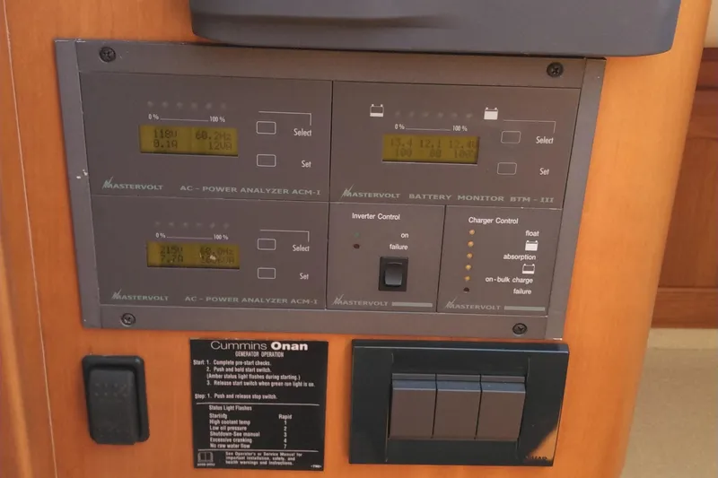 Slide: The Image of Control panel of a 2008 Legacy Yachts 32, featuring Mastervolt power analyzers. - 46