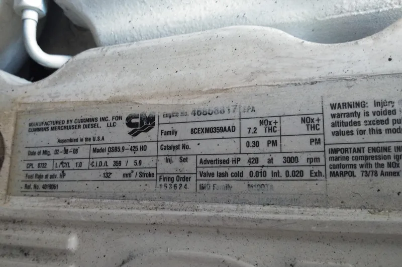 Slide: The Image of Engine label of 2008 Legacy Yachts 32, Cummins Mercruiser Diesel specifications. - 66