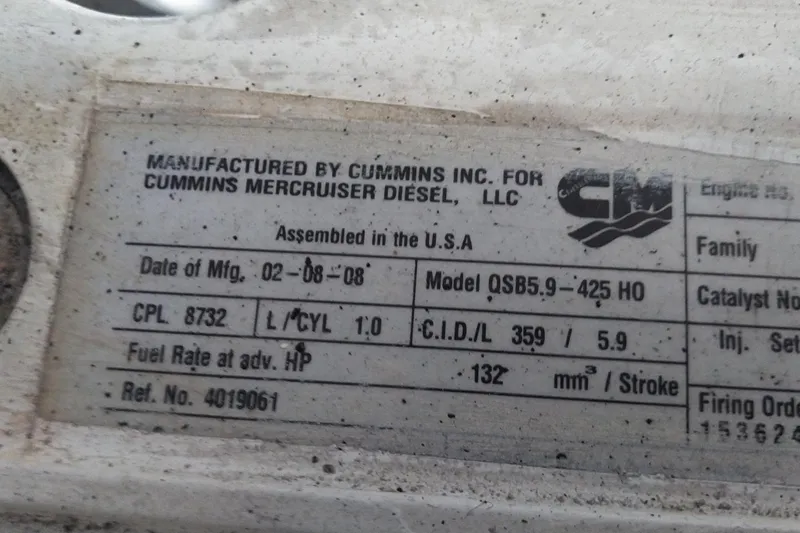 Slide: The Image of 2008 Legacy Yachts 32 engine label, Cummins Mercruiser Diesel, model QSB5.9-425 HO. - 67