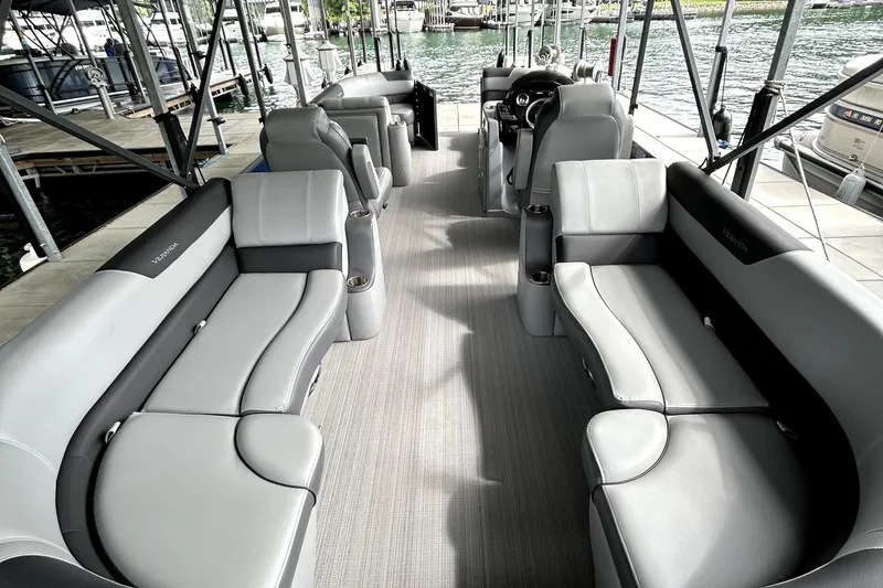 Slide: The Image of Luxurious interior of 2022 Veranda Relax VR22RC pontoon boat with spacious seating and modern design. - 7