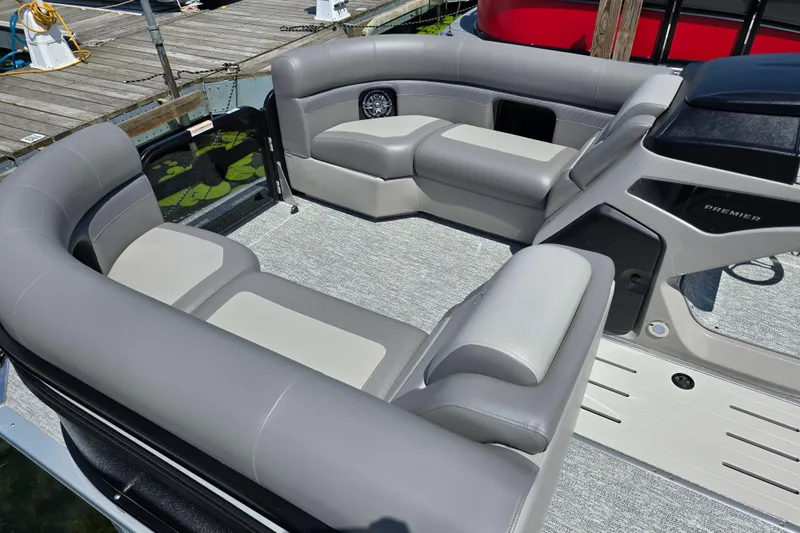 Slide: The Image of 2025 Premier 210 Sunsation RF boat interior with luxurious gray seating and modern design. - 19