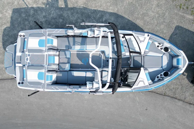 Slide: The Image of 2024 Malibu Wakesetter 23 LSV boat, aerial view, showcasing seating and design features. - 5