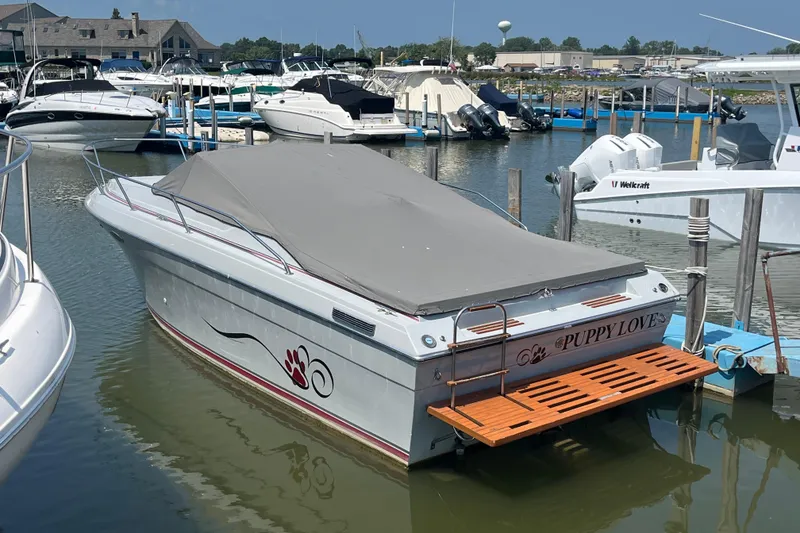 Slide: The Image of 1988 Four Winns 235 Sundowner boat named "Puppy Love" docked in a marina. - 21