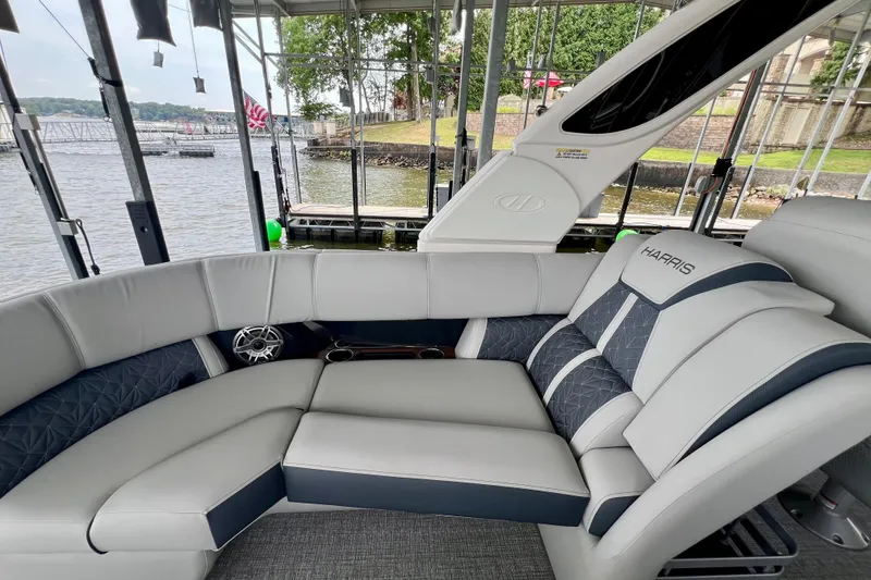 Slide: The Image of Luxurious interior of 2025 Harris Grand Mariner 250 pontoon boat with plush seating. - 26