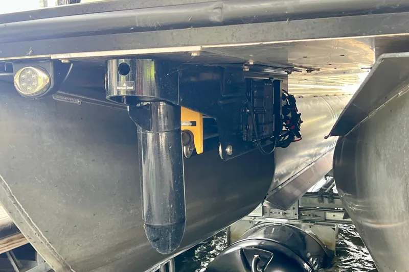 Slide: The Image of 2025 Harris Grand Mariner 250 pontoon boat underside with advanced mechanical components. - 35