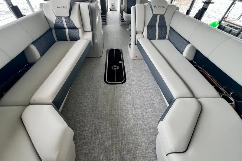 Slide: The Image of 2025 Harris Grand Mariner 250 interior with luxurious seating and modern design. - 8