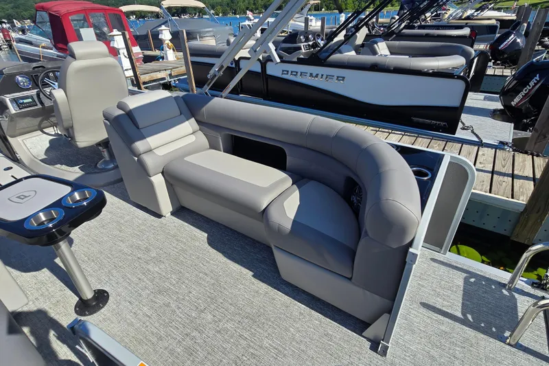 Slide: The Image of 2025 Premier 230 SunSation RF pontoon boat with luxurious seating and modern design. - 12